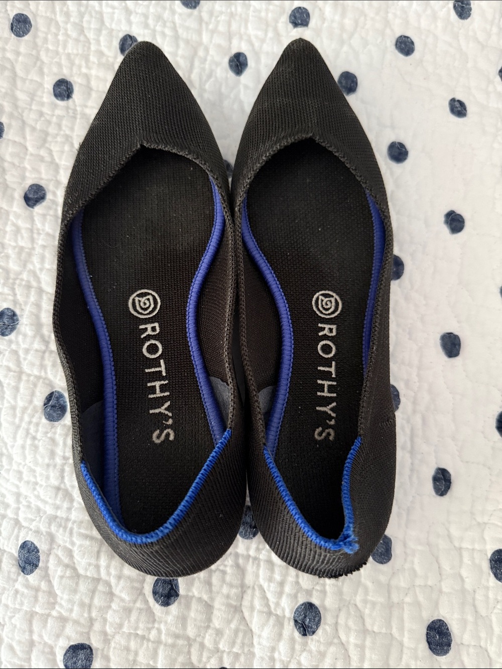 Rothy's Black Pointed-Toe Flats with Blue Trim size 8 - Picture 3 of 4
